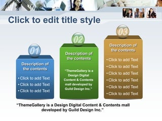 Click to edit title style

                                                Description of
                                                 the contents
                          Description of
                           the contents        • Click to add Text
    Description of
                                               • Click to add Text
     the contents        “ThemeGallery is a
                           Design Digital
                                               • Click to add Text
  • Click to add Text    Content & Contents    • Click to add Text
  • Click to add Text     mall developed by
                         Guild Design Inc.”
                                               • Click to add Text
  • Click to add Text
                                               • Click to add Text

  “ThemeGallery is a Design Digital Content & Contents mall
             developed by Guild Design Inc.”
 