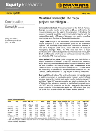Equity Research
PP11072/03/2010 (023549)



Sector Update                                                                                                                   5 May 2009


                                                        Maintain Overweight: The mega
Construction                                            projects are rolling in …
Overweight (unchanged)                                  More excitement ahead. The eventual award of the RM1.3b Pahang-
                                                        Selangor raw water transfer tunnel works on 28 Apr confirms that the
                                                        new administration sees the urgency for construction in stimulating the
                                                        economy. Langat 2 should be next in the limelight, together with the
                                                        massive Klang Valley LRT system. We expect more positive news flow
                                                        over the near-term. Continue to Overweight Construction.
Wong Chew Hann, CA
wchewh@maybank-ib.com
                                                        Langat 2 next. Langat 2, the downstream portion of the water transfer
(603) 2297 8686
                                                        project, comprises a 2,180 mld treatment plant and the distribution
                                                        pipelines. The estimated RM5b construction contract was awarded in
                                                        Feb ’08 to Kumpulan Darul Ehsan, which holds 60% of Kumpulan
                                                        Perangsang Selangor (KPS). As KPS does not have a major
                                                        construction arm, we think that potential beneficiaries are Gamuda, Loh
                                                        & Loh and Taliworks, which have had working experience with, and/or
                                                        are affiliated to KPS via shareholdings.

                                                        Klang Valley LRT to follow. Local companies have been invited to
                                                        submit “expressions of interest” for the LRT extension and upgrading
                                                        works, with the government keen to see construction works start within
                                                        the next 3-4 months, according to today’s Edge. The extension works
                                                        could cost RM7b, including RM1b to buy rolling stocks. Our view is that
                                                        the project may be parcelled out and experienced contractors like IJM,
                                                        Gamuda, UEM Builders and YTL Corp may bid as turnkey contractors.

                                                        Overweight Construction. We continue to expect mid-sized projects
                                                        to lead the momentum of construction sector recovery under the fiscal
                                                        stimulus. Meanwhile, the inter-state water transfer (including Langat 2)
                                                        and Klang Valley LRT extension are also two priority projects under the
                                                          th
                                                        9 Malaysia Plan with works expected to start before the decade turns.
                                                        IJM, WCT and HSL remain on our Buy list. Meanwhile, Gamuda is a
                                                        strong contender for the two mega water and LRT projects. Our Hold
                                                        call on the stock is under review, with upward revision potential.




   Sector comparison table
   Stock          Rec       Shr px   Mkt cap      TP      Basis     PER       PER     Gross yldGross yld      P/B         P/B    O/s Order
                                                                    CY09      CY10      FY09     FY10        FY09        FY10      Book
                             (RM)     (RMm)      (RM)                (x)       (x)       (%)      (%)         (x)         (x)     (RMm)
   Gamuda         Hold       2.48      4,976     2.50      RNAV     22.9      17.6       3.2      3.2         1.6         1.5      8,500
   IJM Corp       Buy        5.30      4,992     5.50      RNAV     14.7      12.3       4.7      3.8         1.0         0.9      4,800
   WCT Eng        Buy        1.59      1,227     1.70    10x PER     9.6       9.8       4.4      4.4         1.0         0.9      2,200
   Sunway #       Hold       0.86       469      0.90    0.8x P/B    5.5       4.9       5.3      3.5         0.6         0.5      2,780
   HSL *          Buy        0.72       420      0.97     8x PER     7.9       6.0       5.3      5.6         1.4         1.2      1,270
   Loh & Loh #    Hold       4.10       279      4.32    1.4x P/B   12.9      11.7       2.0      2.0         1.4         1.2       630
   * HSL’s TP upgraded from RM0.60 after the shift in valuation basis to 8x 2010 PER from 1.2x P/B.
   # TPs of Sunway and Loh & Loh are under review as we look to restore our earnings-based valuation from asset-based.
   Source: Company, Maybank-IB
 