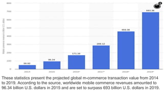 These statistics present the projected global m-commerce transaction value from 2014
to 2019. According to the source, worldwide mobile commerce revenues amounted to
96.34 billion U.S. dollars in 2015 and are set to surpass 693 billion U.S. dollars in 2019.
 