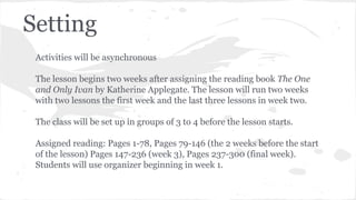 Setting
Activities will be asynchronous
The lesson begins two weeks after assigning the reading book The One
and Only Ivan by Katherine Applegate. The lesson will run two weeks
with two lessons the first week and the last three lessons in week two.
The class will be set up in groups of 3 to 4 before the lesson starts.
Assigned reading: Pages 1-78, Pages 79-146 (the 2 weeks before the start
of the lesson) Pages 147-236 (week 3), Pages 237-300 (final week).
Students will use organizer beginning in week 1.

 