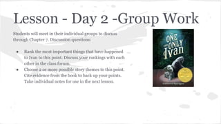 Lesson - Day 2 -Group Work
Students will meet in their individual groups to discuss
through Chapter 7. Discussion questions:
●

●

Rank the most important things that have happened
to Ivan to this point. Discuss your rankings with each
other in the class forum.
Choose 2 or more possible story themes to this point.
Cite evidence from the book to back up your points.
Take individual notes for use in the next lesson.

 