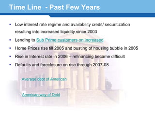 Time Line - Past Few Years

 Low interest rate regime and availability credit/ securitization
 resulting into increased liquidity since 2003
 Lending to Sub Prime customers on increased
 Home Prices rise till 2005 and busting of housing bubble in 2005
 Rise in Interest rate in 2006 – refinancing became difficult
 Defaults and foreclosure on rise through 2007-08


    Average debt of American
Terminology 27
    American way of Debt
 