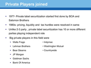 Private Players joined

  1977- Private label securitization started first done by BOA and
  Salomon Brothers
  1980s- pricing, liquidity and tax hurdles were resolved in same
  Unlike 2-3 party , private label securitization has 10 or more different
  parties playing independent role
  Big private players in this field were
     Wells Frago                 • Indymac
     Lehman Brothers             • Washington Mutual
Terminology 43
    Bear Stearns                 • Countrywide
     JP Morgan
     Goldman Sachs
     Bank Of America
 
