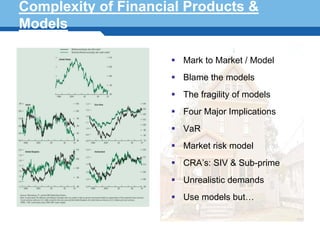 Complexity of Financial Products &
Models

                       Mark to Market / Model
                       Blame the models
                       The fragility of models
                       Four Major Implications
                       VaR
                       Market risk model
                       CRA’s: SIV & Sub-prime
Terminology 46         Unrealistic demands
                       Use models but…
 