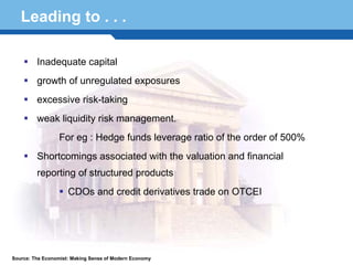 Leading to . . .

         Inadequate capital
         growth of unregulated exposures
         excessive risk-taking
         weak liquidity risk management.
                 For eg : Hedge funds leverage ratio of the order of 500%
         Shortcomings associated with the valuation and financial
         reporting of structured products

  Terminology 60 derivatives trade on OTCEI
        CDOs and credit




Source: The Economist: Making Sense of Modern Economy
 