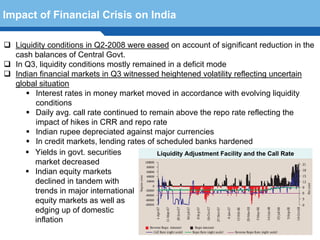 Impact of Financial Crisis on India

  Liquidity conditions in Q2-2008 were eased on account of significant reduction in the
  cash balances of Central Govt.
  In Q3, liquidity conditions mostly remained in a deficit mode
  Indian financial markets in Q3 witnessed heightened volatility reflecting uncertain
  global situation
        Interest rates in money market moved in accordance with evolving liquidity
        conditions
        Daily avg. call rate continued to remain above the repo rate reflecting the
        impact of hikes in CRR and repo rate
        Indian rupee depreciated against major currencies
        In credit markets, lending rates of scheduled banks hardened
        Yields in govt. securities          Liquidity Adjustment Facility and the Call Rate
        market decreased
        Indian equity markets
  Terminology 104
        declined in tandem with
        trends in major international
        equity markets as well as
        edging up of domestic
        inflation
 