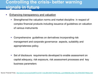 Controlling the crisis- better warning
       signals in future
            Enhancing transparency and valuation
                   Strengthened the valuation norms and market discipline in respect of
                   complex financial products including issuance of guidelines on valuation
                   of various instruments


                   Comprehensive guidelines on derivatives incorporating risk
                   management and corporate governance aspects, suitability and
                   appropriateness policy.


      Terminology 121
          Set of disclosure requirements developed to enable assessment on
                   capital adequacy, risk exposure, risk assessment processes and key
                   business parameters


Source: Financial Times , http://www.ft.com/cms/s/0/a09f751e-6187-11dd-af94-000077b07658,dwp_uuid=698e638e-e39a-11dc-8799-0000779fd2ac.html
 