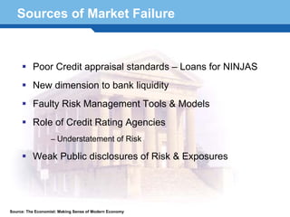 Sources of Market Failure



          Poor Credit appraisal standards – Loans for NINJAS
          New dimension to bank liquidity
          Faulty Risk Management Tools & Models
          Role of Credit Rating Agencies
                   – Understatement of Risk

     Weak Public disclosures of Risk & Exposures
  Terminology 58


Source: The Economist: Making Sense of Modern Economy
 
