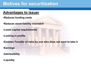 Motives for securitization
Advantages to issuer
•Reduces funding costs

•Reduces asset-liability mismatch

•Lower capital requirements

•Locking in profits

•Enables Transfer of risks by one who does not want to take it

•Earnings
 Terminology 7
•Admissibility

•Liquidity
 