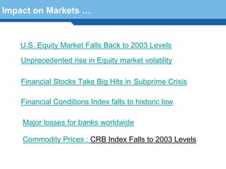 Impact on Markets …


   U.S. Equity Market Falls Back to 2003 Levels

    Unprecedented rise in Equity market volatility

    Financial Stocks Take Big Hits in Subprime Crisis

    Financial Conditions Index falls to historic low


  Terminology 79 worldwide
    Major losses for banks

    Commodity Prices : CRB Index Falls to 2003 Levels
 