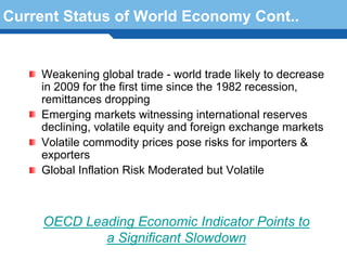 Current Status of World Economy Cont..


    Weakening global trade - world trade likely to decrease
    in 2009 for the first time since the 1982 recession,
    remittances dropping
    Emerging markets witnessing international reserves
    declining, volatile equity and foreign exchange markets
    Volatile commodity prices pose risks for importers &
    exporters
    Global Inflation Risk Moderated but Volatile
 Terminology 93

     OECD Leading Economic Indicator Points to
             a Significant Slowdown
 