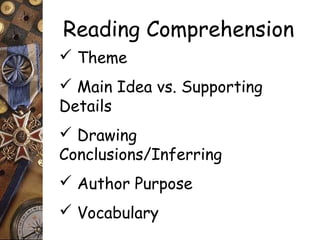 Reading Comprehension 
 Theme 
 Main Idea vs. Supporting 
Details 
 Drawing 
Conclusions/Inferring 
 Author Purpose 
 Vocabulary 
 