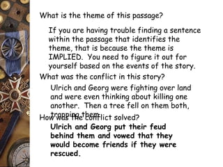 What is the theme of this passage? 
If you are having trouble finding a sentence 
within the passage that identifies the 
theme, that is because the theme is 
IMPLIED. You need to figure it out for 
yourself based on the events of the story. 
What was the conflict in this story? 
Ulrich and Georg were fighting over land 
and were even thinking about killing one 
another. Then a tree fell on them both, 
Howt rwaapsp itnhge t hcoenmf.lict solved? 
Ulrich and Georg put their feud 
behind them and vowed that they 
would become friends if they were 
rescued. 
 