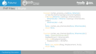 Facilitating Education
www.pukunui.com / info@pukunui.com
Phone: 1300 466 635 or +61 8 9328 4545
themes edition
function rocket_process_css($css, $theme) {
// Set the theme background and highlites
if (!empty($theme->settings->themecolor)) {
$themecolor = $theme->settings->themecolor;
} else {
$themecolor = null;
}
$css = rocket_set_themecolor($css, $themecolor);
return $css;
}
function rocket_set_themecolor($css, $themecolor) {
$tag = '[[setting:themecolor]]';
$replacement = $themecolor;
if (is_null($replacement)) {
$replacement = '#5faff2';
}
$css = str_replace($tag, $replacement, $css);
return $css;
}
PHP Files | lib.php
 