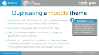 Facilitating Education
www.pukunui.com / info@pukunui.com
Phone: 1300 466 635 or +61 8 9328 4545
themes edition
Duplicating a moodle theme
1. Duplicate the folder of the theme you wish to copy and rename
(for this example ‘sky_high’ is becoming ‘my theme’)
2. Rename the language file (/lang/en/theme_sky_high)
3. Open your renamed lang file in an editor and change the
‘pluginname’ to your new one
4. If the theme contains a lib.php, renderer.php or settings.php each
of these files will need to be opened and using “find and replace”
find all references to the old name and change to the new.
Important Note
The GPL license allows you to
clone and change themes.
However you must leave all
credits to the original author
intact in the files within it.
 