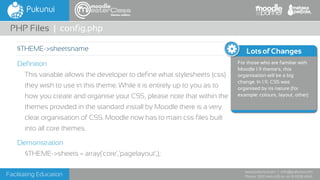 Facilitating Education
www.pukunui.com / info@pukunui.com
Phone: 1300 466 635 or +61 8 9328 4545
themes edition
Definition
This variable allows the developer to define what stylesheets (css)
they wish to use in this theme. While it is entirely up to you as to
how you create and organise your CSS, please note that within the
themes provided in the standard install by Moodle there is a very
clear organisation of CSS. Moodle now has to main css files built
into all core themes.
Demonstration
$THEME->sheets = array('core','pagelayout',);
PHP Files | config.php
$THEME->sheetsname Lots of Changes
For those who are familiar with
Moodle 1.9 theme's, this
organisation will be a big
change. In 1.9, CSS was
organised by its nature (for
example: colours, layout, other)
 