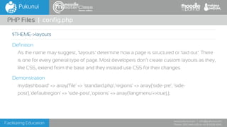 Facilitating Education
www.pukunui.com / info@pukunui.com
Phone: 1300 466 635 or +61 8 9328 4545
themes edition
Definition
As the name may suggest, ‘layouts‘ determine how a page is structured or ‘laid out’. There
is one for every general type of page. Most developers don’t create custom layouts as they,
like CSS, extend from the base and they instead use CSS for their changes.
Demonstration
mydashboard' => array('file' => 'standard.php','regions' => array('side-pre', 'side-
post'),'defaultregion' => 'side-post','options' => array('langmenu'=>true),);
PHP Files | config.php
$THEME->layouts
 