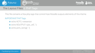 Facilitating Education
www.pukunui.com / info@pukunui.com
Phone: 1300 466 635 or +61 8 9328 4545
themes edition
This file contains a few php tags that control how Moodle outputs elements of this theme.
IMPORTANT PHP Tags
❖ echo $CFG->wwwroot
❖ echo $OUTPUT->pix_url('', '')
❖ echo print_string('', '')
The Layout Files | PHP Tags
 