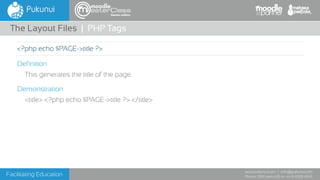Facilitating Education
www.pukunui.com / info@pukunui.com
Phone: 1300 466 635 or +61 8 9328 4545
themes edition
Definition
This generates the title of the page.
Demonstration
<title> <?php echo $PAGE->title ?> </title>
The Layout Files | PHP Tags
<?php echo $PAGE->title ?>
 