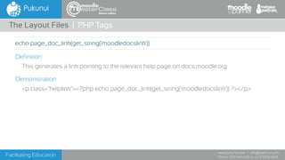 Facilitating Education
www.pukunui.com / info@pukunui.com
Phone: 1300 466 635 or +61 8 9328 4545
themes edition
Definition
This generates a link pointing to the relevant help page on docs.moodle.org
Demonstration
<p class="helplink"><?php echo page_doc_link(get_string('moodledocslink')) ?></p>
The Layout Files | PHP Tags
echo page_doc_link(get_string('moodledocslink'))
 