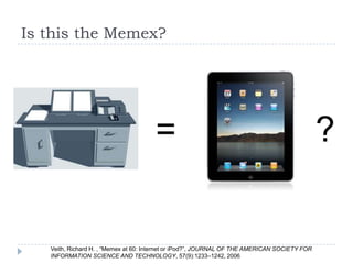 Is this the Memex?




                                      =                                                        ?


   Veith, Richard H. , “Memex at 60: Internet or iPod?”, JOURNAL OF THE AMERICAN SOCIETY FOR
   INFORMATION SCIENCE AND TECHNOLOGY, 57(9):1233–1242, 2006
 