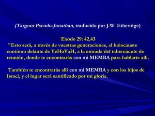 (Targum Pseudo-Jonathan, traducido por J.W. Etheridge)
Exodo 29: 42,43
"Esto será, a través de vuestras generaciones, el holocausto
continuo delante de YeHoVaH, a la entrada del tabernáculo de
reunión, donde te encontrarás con mi MEMRA para hablarte allí.
También te encontrarás allí con mi MEMRA y con los hijos de
Israel, y el lugar será santificado por mi gloria.
 