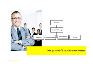 Vorstand




                    Geschäftsführung



                              Unternehmens-
Marketing   Human Resouces                    Vertrieb
                              kommunikation




             Der gute Ruf braucht einen Paten.


                                                         8
 