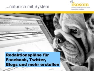 ...natürlich mit System
Redaktionspläne für
Facebook, Twitter,
Blogs und mehr erstellen
 