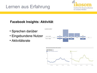 Lernen aus Erfahrung
Facebook Insights: Aktivität
●
Sprechen darüber
●
Eingebundene Nutzer
●
Aktivitätsrate
 