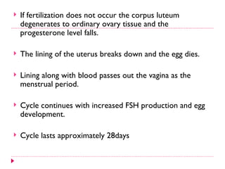    If fertilization does not occur the corpus luteum
    degenerates to ordinary ovary tissue and the
    progesterone level falls.

   The lining of the uterus breaks down and the egg dies.

   Lining along with blood passes out the vagina as the
    menstrual period.

   Cycle continues with increased FSH production and egg
    development.

   Cycle lasts approximately 28days
 