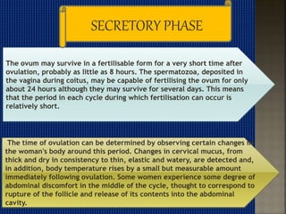 The ovum may survive in a fertilisable form for a very short time after
ovulation, probably as little as 8 hours. The spermatozoa, deposited in
the vagina during coitus, may be capable of fertilising the ovum for only
about 24 hours although they may survive for several days. This means
that the period in each cycle during which fertilisation can occur is
relatively short.
The time of ovulation can be determined by observing certain changes in
the woman's body around this period. Changes in cervical mucus, from
thick and dry in consistency to thin, elastic and watery, are detected and,
in addition, body temperature rises by a small but measurable amount
immediately following ovulation. Some women experience some degree of
abdominal discomfort in the middle of the cycle, thought to correspond to
rupture of the follicle and release of its contents into the abdominal
cavity.
SECRETORY PHASE
 