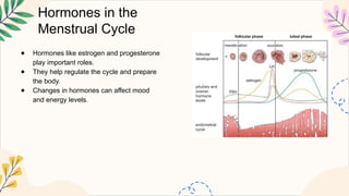 Hormones in the
Menstrual Cycle
● Hormones like estrogen and progesterone
play important roles.
● They help regulate the cycle and prepare
the body.
● Changes in hormones can affect mood
and energy levels.
 