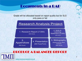 Documents in a RAP 
7 
Grade will be allocated based on report quality but for SLS 
only pass or fail 
PRODUCE A BALANCED REPORT 
www.mentorsnetwork.co.uk 
 