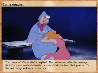 For example:

The theme of “Cinderella” is implied. The reader can infer the message
that if you are in a bad situation, you should do the best that you can. In
the end, things will work out for you.
 

 