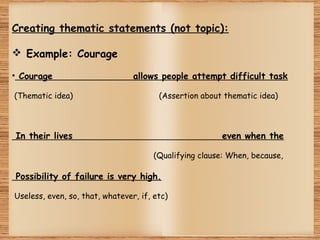 Creating thematic statements (not topic):
 Example: Courage
• Courage
 (Thematic idea)

allows people attempt difficult task
(Assertion about thematic idea)

 

In their lives

even when the
(Qualifying clause: When, because,

Possibility of failure is very high.
Useless, even, so, that, whatever, if, etc)

 