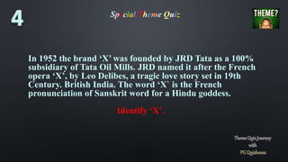 Special Theme Quiz
In 1952 the brand ‘X’ was founded by JRD Tata as a 100%
subsidiary of Tata Oil Mills. JRD named it after the French
opera ‘X’, by Leo Delibes, a tragic love story set in 19th
Century. British India. The word ‘X` is the French
pronunciation of Sanskrit word for a Hindu goddess.
Identify ‘X’.
 