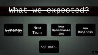 What we expected?
Synergy

New
Team

New
Opportunities

New Business

And more…
!7

 