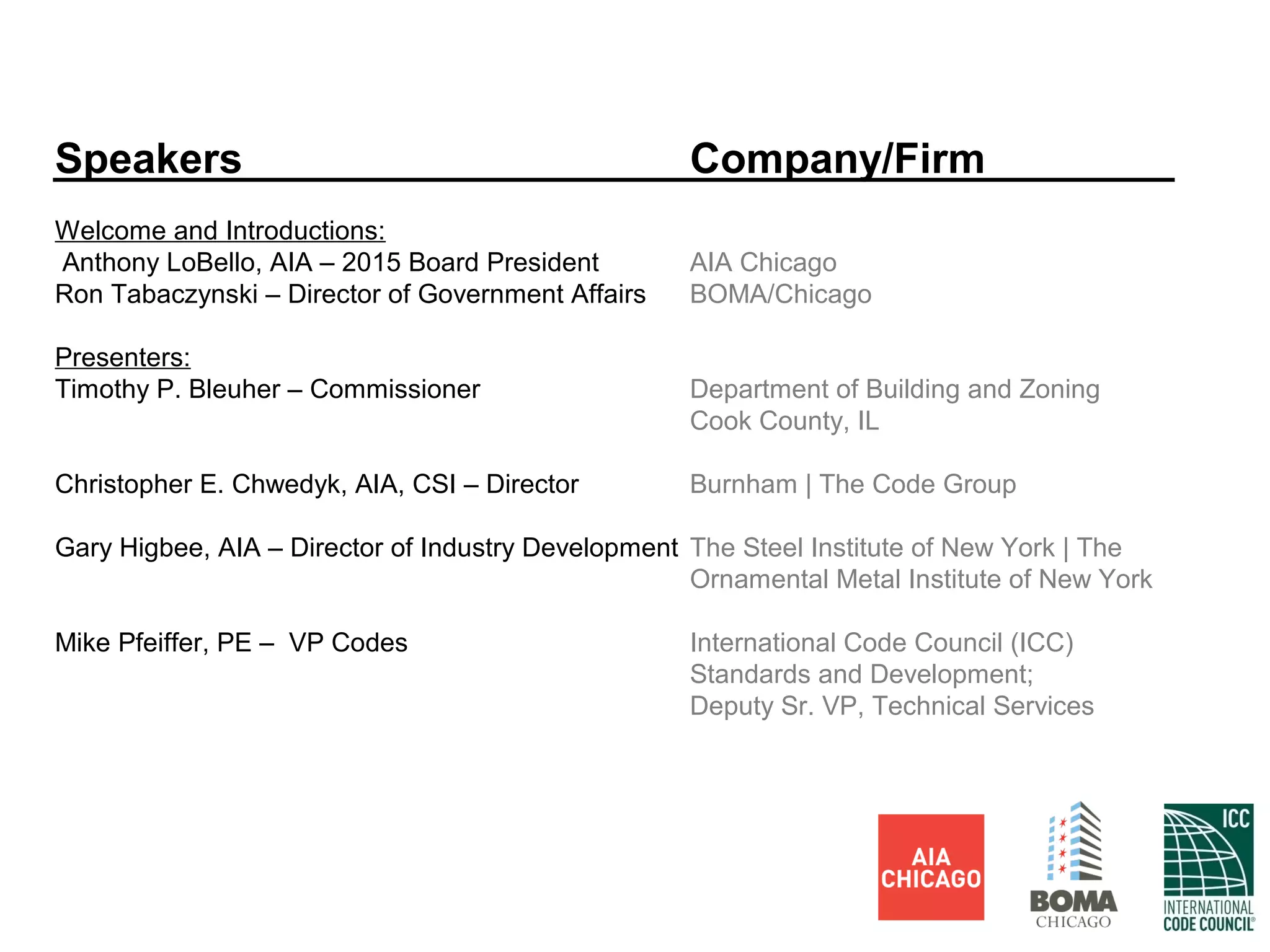 Speakers Company/Firm
Welcome and Introductions:
Anthony LoBello, AIA – 2015 Board President AIA Chicago
Ron Tabaczynski – Director of Government Affairs BOMA/Chicago
Presenters:
Timothy P. Bleuher – Commissioner Department of Building and Zoning
Cook County, IL
Christopher E. Chwedyk, AIA, CSI – Director Burnham | The Code Group
Gary Higbee, AIA – Director of Industry Development The Steel Institute of New York | The
Ornamental Metal Institute of New York
Mike Pfeiffer, PE – VP Codes International Code Council (ICC)
Standards and Development;
Deputy Sr. VP, Technical Services
 