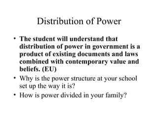 Distribution of Power
• The student will understand that
distribution of power in government is a
product of existing documents and laws
combined with contemporary value and
beliefs. (EU)
• Why is the power structure at your school
set up the way it is?
• How is power divided in your family?
 
