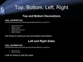 Top, Bottom, Left, Right
Top and Bottom Decorations
css_cached.vm:
extthemesexample.warhtmlthemesexampletemplatescss_cached.vm
– #layout-top-decoration
– #layout-corner-ul
– #layout-corner-ur
– #layout-bottom-decoration
– #layout-corner-bl
– #layout-corner-br
Use these to build your top and bottom decorations
Left and Right Sides
css_cached.vm:
extthemesexample.warhtmlthemesexampletemplatescss_cached.vm
– #layout-box-left
– #layout-box-right
Look for these to edit the sides
 
