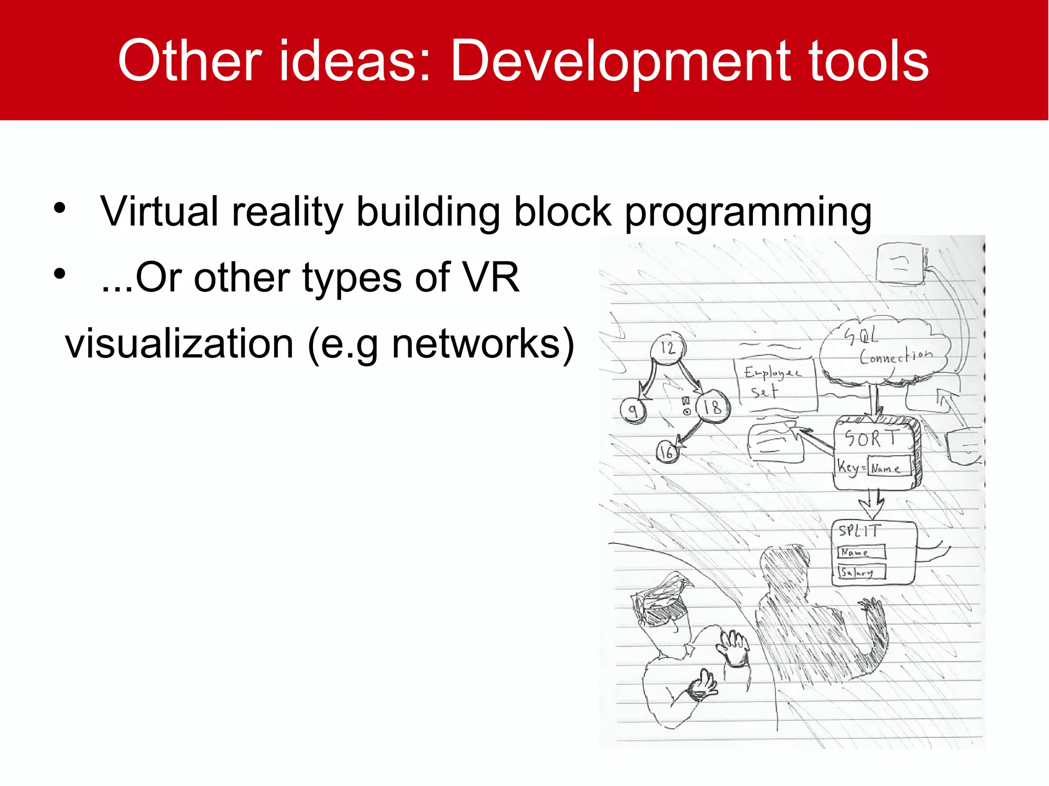 Other ideas: Development tools


    Virtual reality building block programming

    ...Or other types of VR
visualization (e.g networks)
 