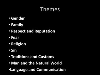 Themes
• Gender
• Family
• Respect and Reputation
• Fear
• Religion
• Sin
• Traditions and Customs
• Man and the Natural World
•Language and Communication
 