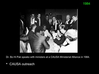Dr. Bo Hi Pak speaks with ministers at a CAUSA Ministerial Alliance in 1984.
• CAUSA outreach
1984
 