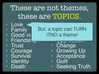 These are not themes,
these are TOPICS.
• Love
• Family
• Good vs. Evil
• Friendship
• Trust
• Courage
• Survival
• Identity
• Death
• Justice
• Freedom
• Dreams
• Oppression
• Change
• Growing Up
• Acceptance
• Guilt
• Seeking Truth
But, a topic can TURN
ITNO a theme!
 