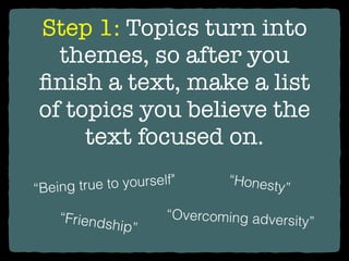 Step 1: Topics turn into
themes, so after you
ﬁnish a text, make a list
of topics you believe the
text focused on.
“Being true to yourself"
“Friendship”
“Overcoming adversity”
“Honesty”
 