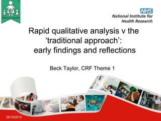 Rapid qualitative analysis v the
‘traditional approach’:
early findings and reflections
Beck Taylor, CRF Theme 1
29/10/2015
 