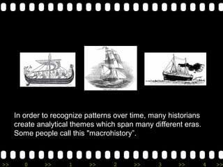 In order to recognize patterns over time, many
        historians create analytical themes which span many
        different eras. Some people call this "macrohistory”.



     In order to recognize patterns over time, many historians
     create analytical themes which span many different eras.
     Some people call this "macrohistory”.



>>      0     >>     1     >>      2     >>     3      >>        4   >>
 