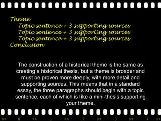 Theme
     I. Topic sentence + 3 supporting sources
        Topic sentence + 3 supporting sources
        Topic sentence + 3 supporting sources
     Conclusion


       The construction of a historical theme is the same as
      creating a historical thesis, but a theme is broader and
        must be proven more deeply, with more detail and
        supporting sources. This means that in a standard
       essay, the three paragraphs should begin with a topic
      sentence, each of which is like a mini-thesis supporting
                             your theme.

>>     0     >>     1      >>     2     >>      3     >>         4   >>
 