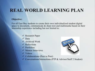 REAL WORLD LEARNING PLAN   Objective:   For all East Bay students to create their own individualized student digital space to document, communicate & share text and multimedia based on their internship experience including but not limited to: Research Paper Data Archived Work Reflections Portfolios Mentor Interviews Videos Collaborations (Peer to Peer) Conversations/Interactions (P2P & Advisor/Staff 2 Student) 