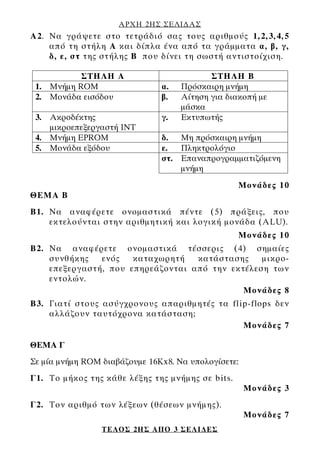 ΑΡΧΗ 2ΗΣ ΣΕΛΙ∆ΑΣ
ΤΕΛΟΣ 2ΗΣ ΑΠΟ 3 ΣΕΛΙ∆ΕΣ
Α2. Να γράψετε στο τετράδιό σας τους αριθμούς 1,2,3,4,5
από τη στήλη Α και δίπλα ένα από τα γράμματα α, β, γ,
δ, ε, στ της στήλης Β που δίνει τη σωστή αντιστοίχιση.
ΣΤΗΛΗ Α ΣΤΗΛΗ Β
1. Μνήμη ROM α. Πρόσκαιρη μνήμη
2. Μονάδα εισόδου β. Αίτηση για διακοπή με
μάσκα
3. Ακροδέκτης
μικροεπεξεργαστή INT
γ. Εκτυπωτής
4. Μνήμη EPROM δ. Μη πρόσκαιρη μνήμη
5. Μονάδα εξόδου ε. Πληκτρολόγιο
στ. Επαναπρογραμματιζόμενη
μνήμη
Μονάδες 10
ΘΕΜΑ Β
Β1. Να αναφέρετε ονομαστικά πέντε (5) πράξεις, που
εκτελούνται στην αριθμητική και λογική μονάδα (ALU).
Μονάδες 10
Β2. Να αναφέρετε ονομαστικά τέσσερις (4) σημαίες
συνθήκης ενός καταχωρητή κατάστασης μικρο-
επεξεργαστή, που επηρεάζονται από την εκτέλεση των
εντολών.
Μονάδες 8
Β3. Γιατί στους ασύγχρονους απαριθμητές τα flip-flops δεν
αλλάζουν ταυτόχρονα κατάσταση;
Μονάδες 7
ΘΕΜΑ Γ
Σε μία μνήμη RΟM διαβάζουμε 16Kx8. Να υπολογίσετε:
Γ1. Το μήκος της κάθε λέξης της μνήμης σε bits.
Μονάδες 3
Γ2. Τον αριθμό των λέξεων (θέσεων μνήμης).
Μονάδες 7
 
